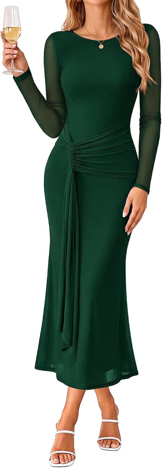 GRACE KARIN Women's Long Sleeve Bodycon Wedding Guest Dress | Cocktail Party,Formal,Maxi,Crew Neck,Mesh,Ruched
