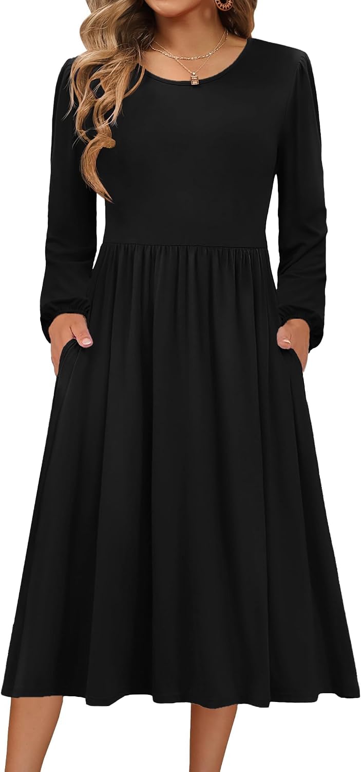 Zeagoo Long Sleeve Dresses for Women 2026 Fall Winter Casual Flowy A-Line Boho Midi Party Long Dress with Pockets