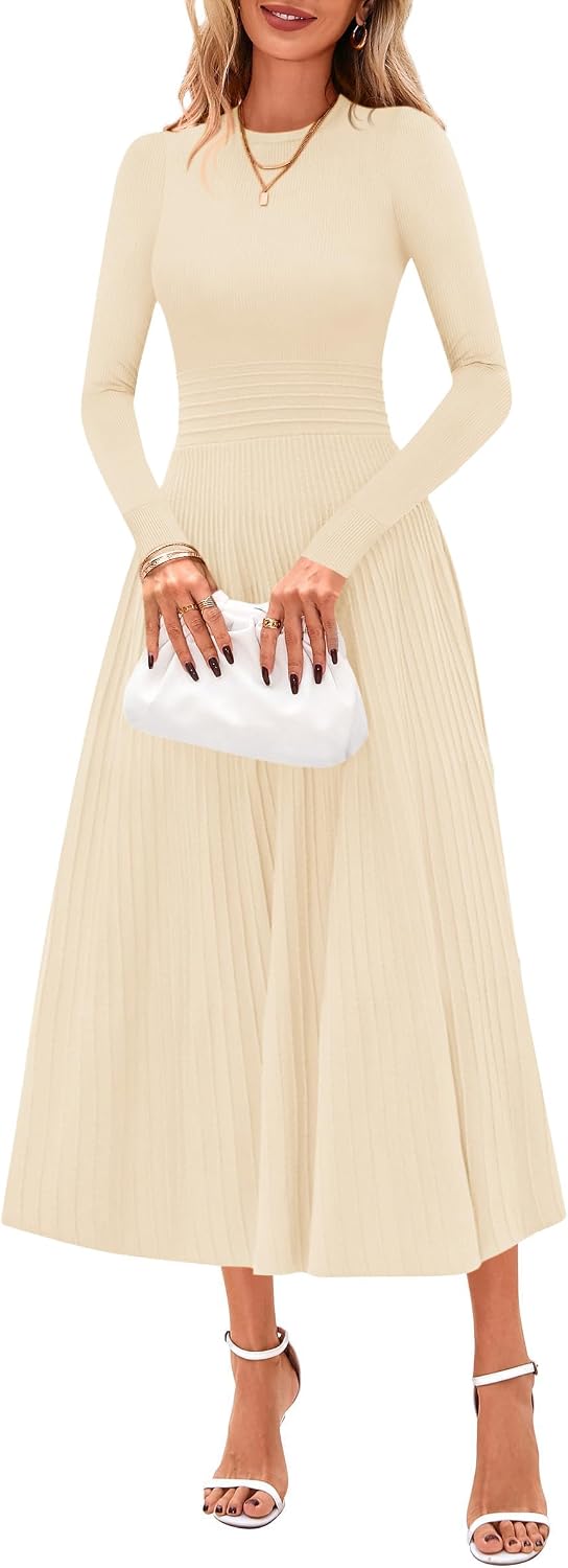 PRETTYGARDEN Women's Long Sleeve Knit Maxi Sweater Dress | Soft Pleated, Slim Fit A Line, Elegant Fall Wedding Guest Cocktail Holiday Parties Church Long Dresses, 2026 Winter Clothes