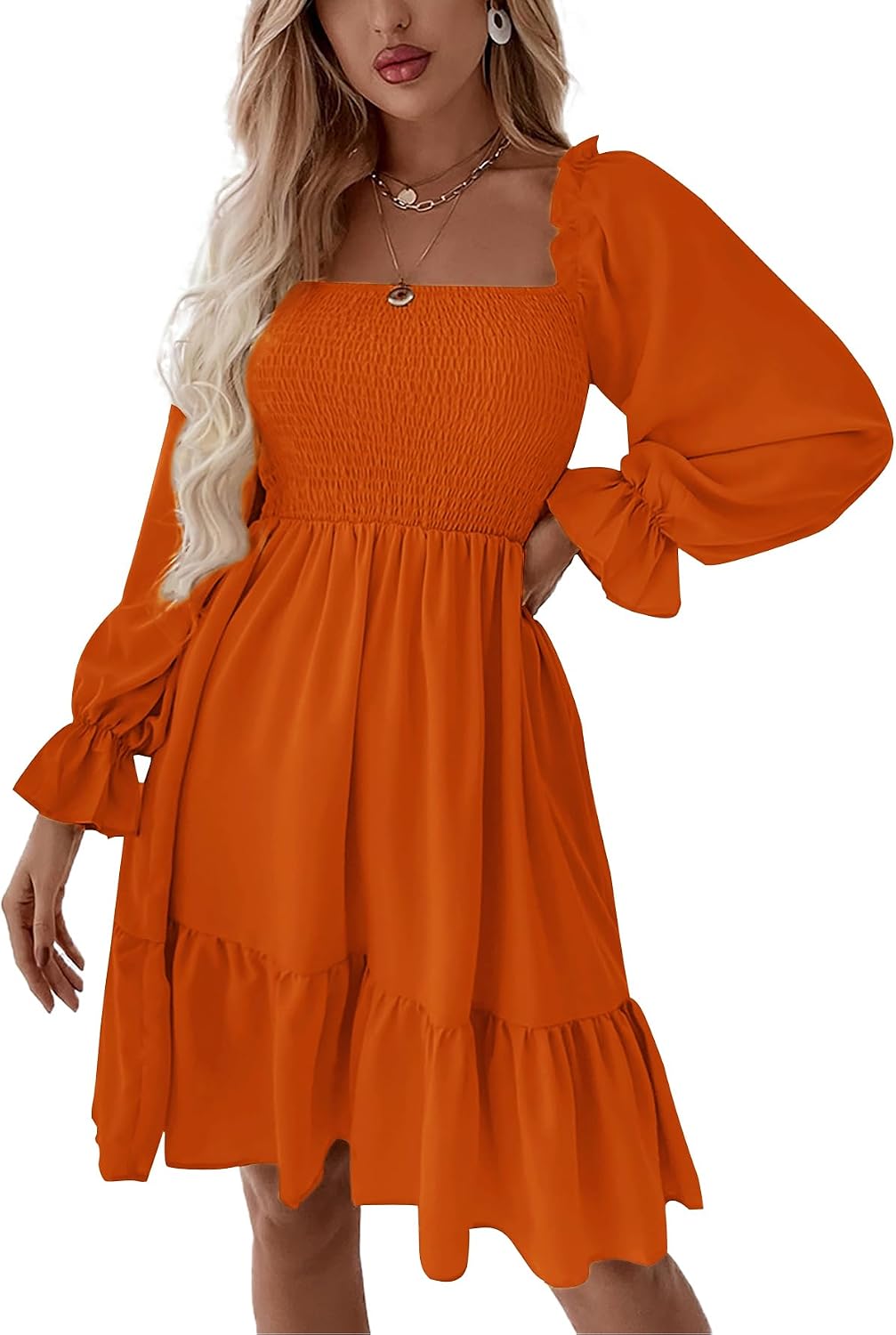 LYANER Women's Shirred Party Mini Dress | Square Neck Lantern Long Sleeve Ruffle A Line Flowy Casual Short Dresses