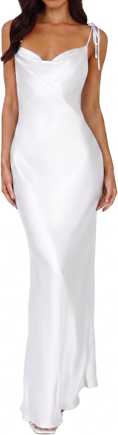 UEZOU 2026 Satin Cowl Neck Spaghetti Strap Maxi Dress for Women Bridesmaid | Silk,Tie Strap,Slip,Slit,Midi,Wedding Guest,Graduation,Elegant,Cocktail,Vacation,Party