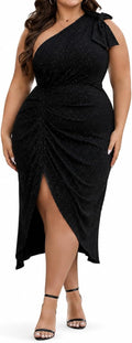 Women's Plus Size Sequin Glitter Dress One Sparkly Shoulder Ruched Wrap Cocktail Party Black Slit Dress