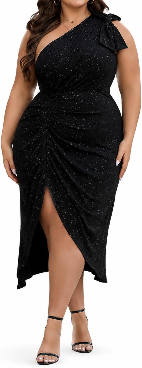 Women's Plus Size Sequin Glitter Dress One Sparkly Shoulder Ruched Wrap Cocktail Party Black Slit Dress