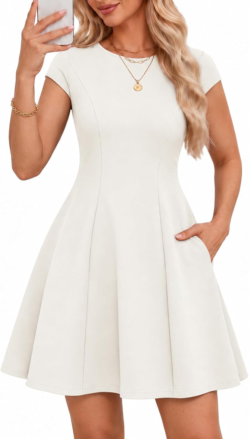 Meetjen Women\u2019s Short Formal A Line Elegant Homecoming Cocktail Dress | Cap Sleeve, Round Neck, Summer Wedding Guest Dress, Graduation, Business Casual Work, Mini Prom Party Dresses with Pockets