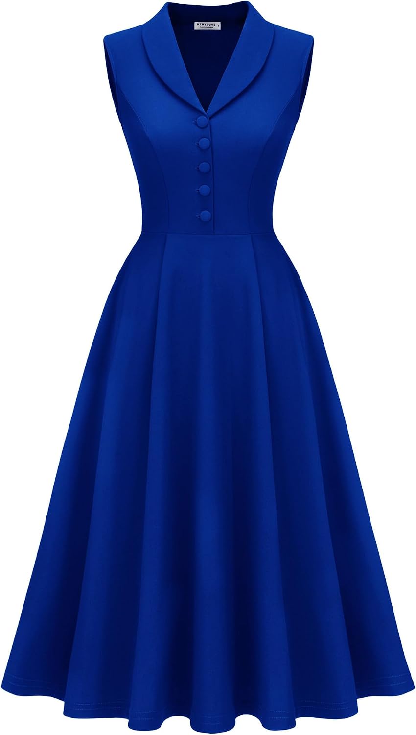 BeryLove Vintage 1950s Midi Cocktail Dresses for Women Wedding Guest Classy | Sleeveless Button Down Dress with Pockets, Notch Lapel, A-Line, Retro 1940s Style, Business Casual Wear, Tea Party, Prom