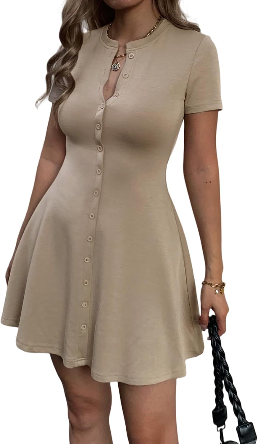 Mieazom Women's Summer Button Down A Line Flare Crewneck Mini Dress | Button Up,Short Sleeve,Button V Neck,Preppy,Cute Shirt Shift Skater Short Dress,Semi Formal Work