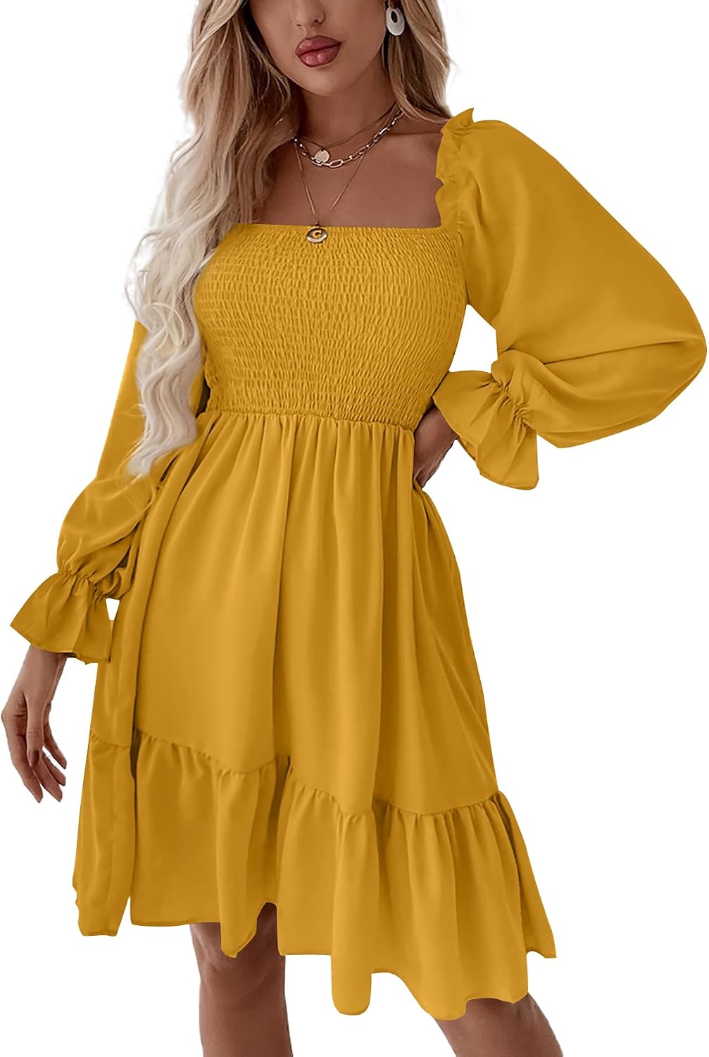 LYANER Women's Shirred Party Mini Dress | Square Neck Lantern Long Sleeve Ruffle A Line Flowy Casual Short Dresses