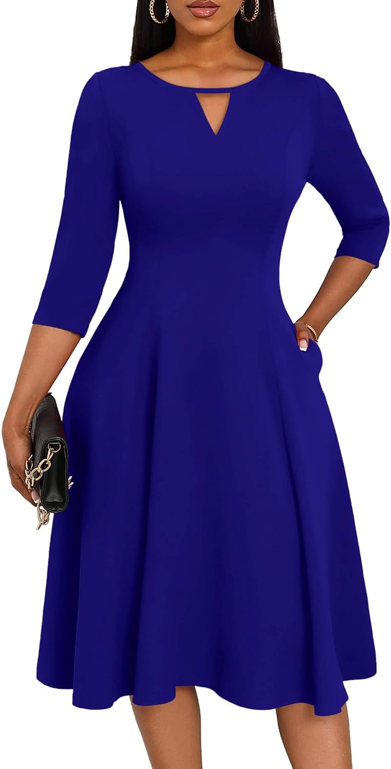 Nmoder Women's Keyhole Midi Dress - 3\/4 Sleeve A-Line with Pockets | Keyhole neckline and A-line flatter figure,stretch fabric feels comfy and resists wrinkles,hidden pockets,back zipper
