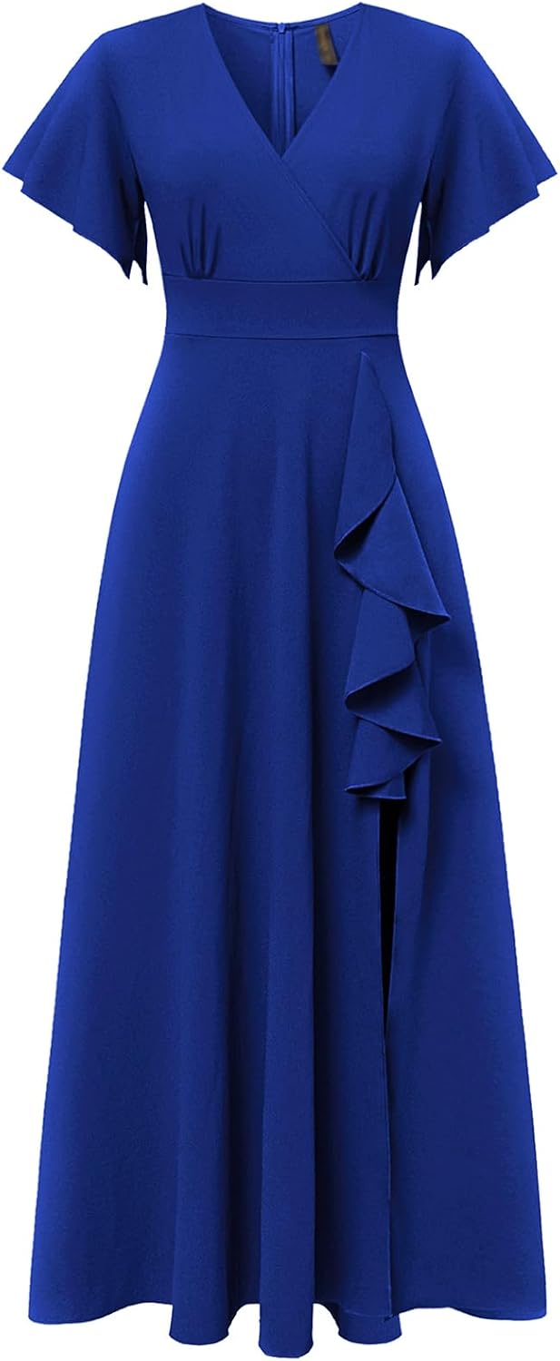 COOAN Women's Black Long Formal Dresses Cocktail Wedding Guest Dress Ruffle Split Elegant V Neck Party Gowns