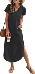 MISFAY Women's Short Sleeves Summer Maxi Dresses with Pocket | Notched V-neck, Side Splits, Two Pockets, Swing Sundress Hem, Loose Shirt Dress Fit, Ankle Length, Beach Vacation Outfits