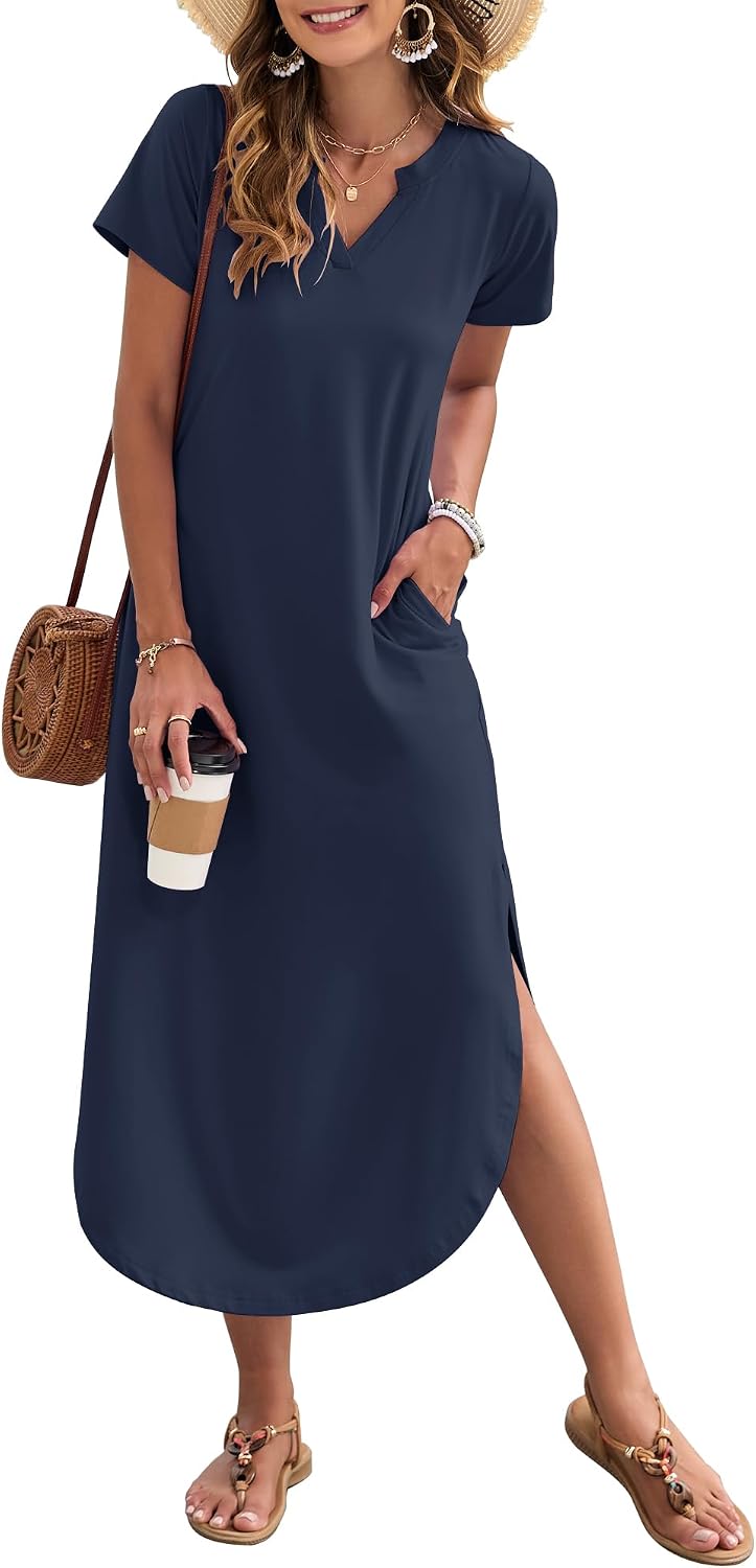 MISFAY Women's Short Sleeves Summer Maxi Dresses with Pocket | Notched V-neck, Side Splits, Two Pockets, Swing Sundress Hem, Loose Shirt Dress Fit, Ankle Length, Beach Vacation Outfits