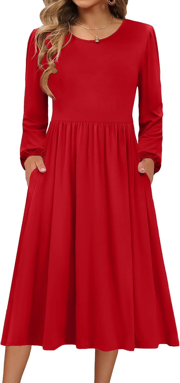 Zeagoo Long Sleeve Dresses for Women 2026 Fall Winter Casual Flowy A-Line Boho Midi Party Long Dress with Pockets