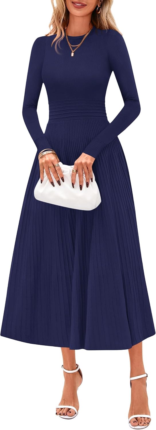 PRETTYGARDEN Women's Long Sleeve Knit Maxi Sweater Dress | Soft Pleated, Slim Fit A Line, Elegant Fall Wedding Guest Cocktail Holiday Parties Church Long Dresses, 2026 Winter Clothes