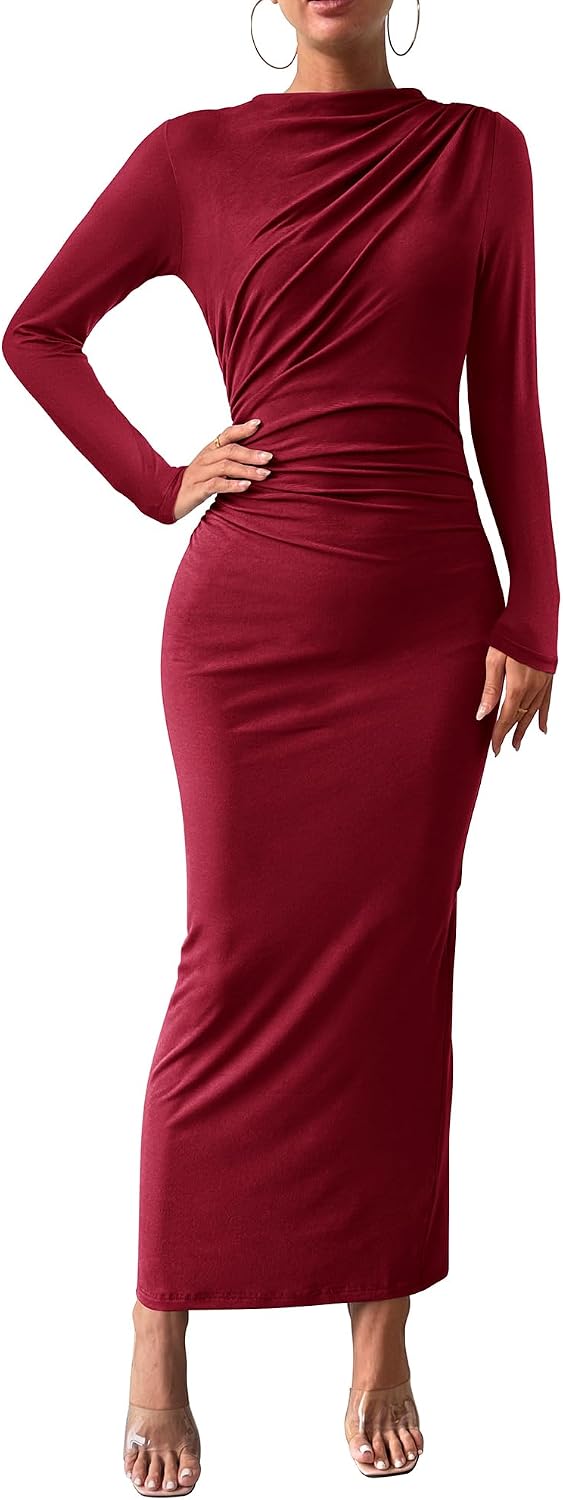 BTFBM Maxi Long Sleeve Dresses for Women Wedding Guest | Mock Neck,Back Slit,Lightweight,Ruched Bodycon Dress For Formal,Cocktail,Homecoming,Party,Date Night Outfits,Fall 2026