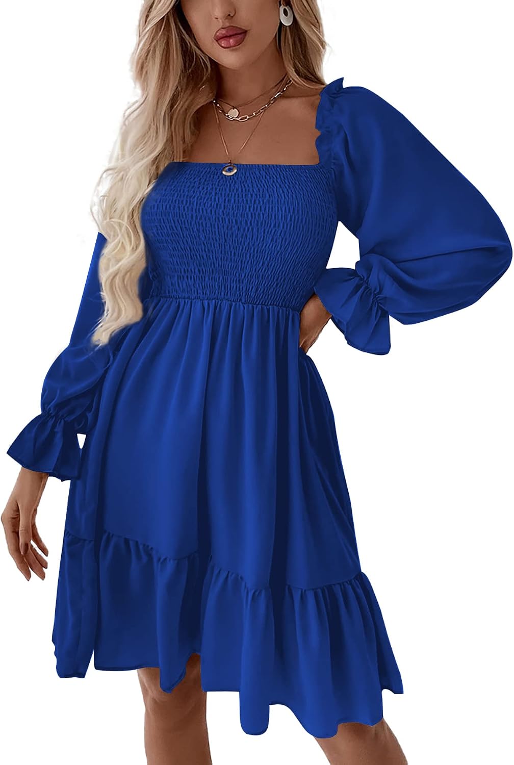 LYANER Women's Shirred Party Mini Dress | Square Neck Lantern Long Sleeve Ruffle A Line Flowy Casual Short Dresses