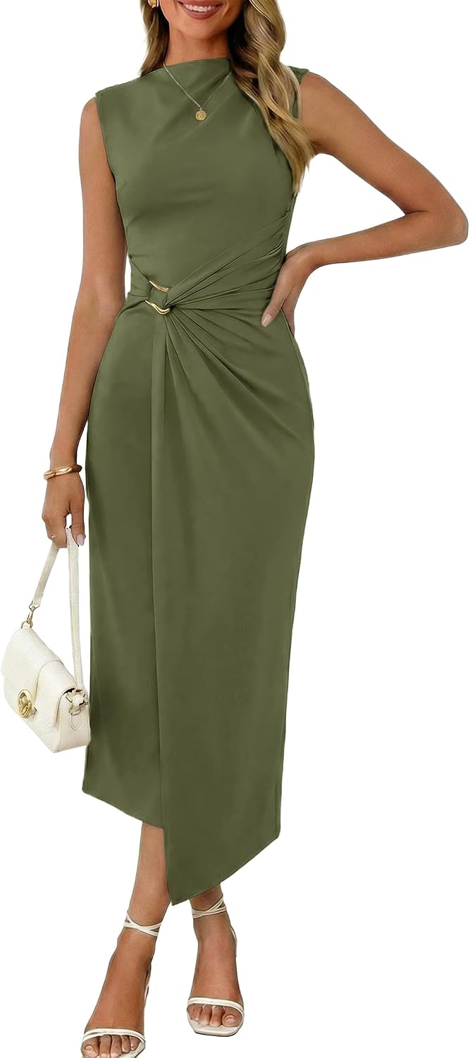 Valiamcep Womens Mock Neck Ribbed Knit Ruched Bodycon Midi Dresses | Elegant Semi Formal Wedding Guest Cocktail Party Date Night Homecoming Christmas Long Dress, Spring Summer Fall Outfits