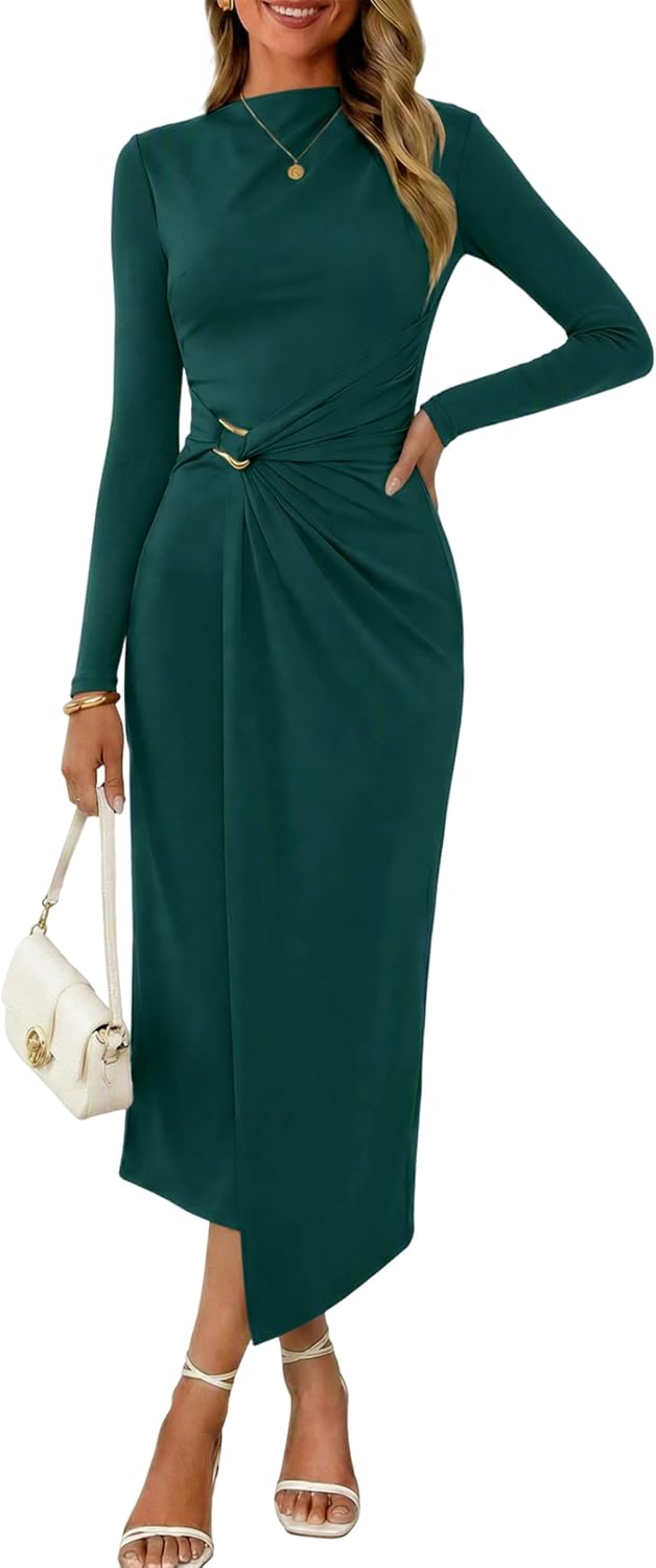Valiamcep Womens Mock Neck Ribbed Knit Ruched Bodycon Midi Dresses | Elegant Semi Formal Wedding Guest Cocktail Party Date Night Homecoming Christmas Long Dress, Spring Summer Fall Outfits
