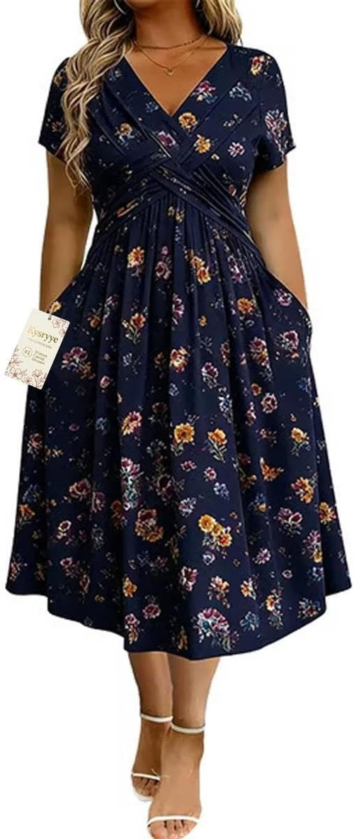 2026 Women's V-Neck Floral Print Dress with Twist Waist and Side Pockets | Twist Front Dress Soft Floral Midi with V-Neck A-Line Skirt and Side Pockets for Brunch Vacations Parties and Everyday Wear