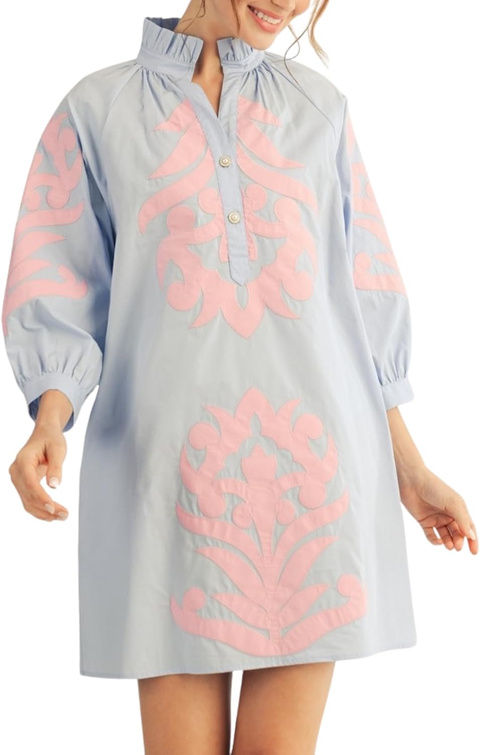 Lurenhua Womens Floral Embroidered Applique Mini Summer Dress 3\/4 Puff Sleeves Ruffled V Neck Loose Casual Shift Dress