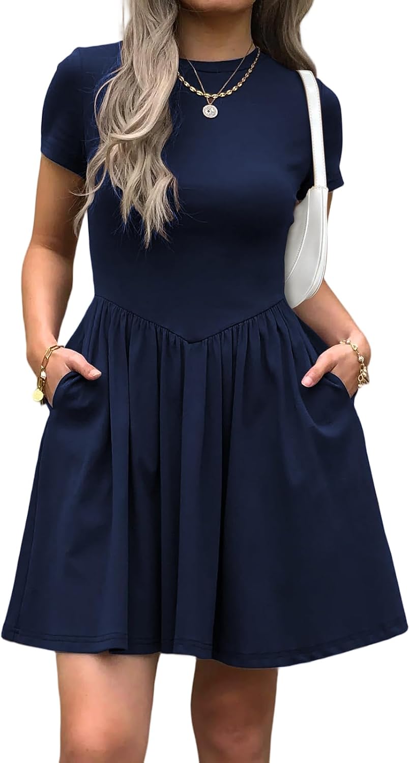 Evzeiem Womens Summer T Shirt Dress Short Sleeve Casual Mini Dresses Drop Waist Swing A Line Dress with Pockets
