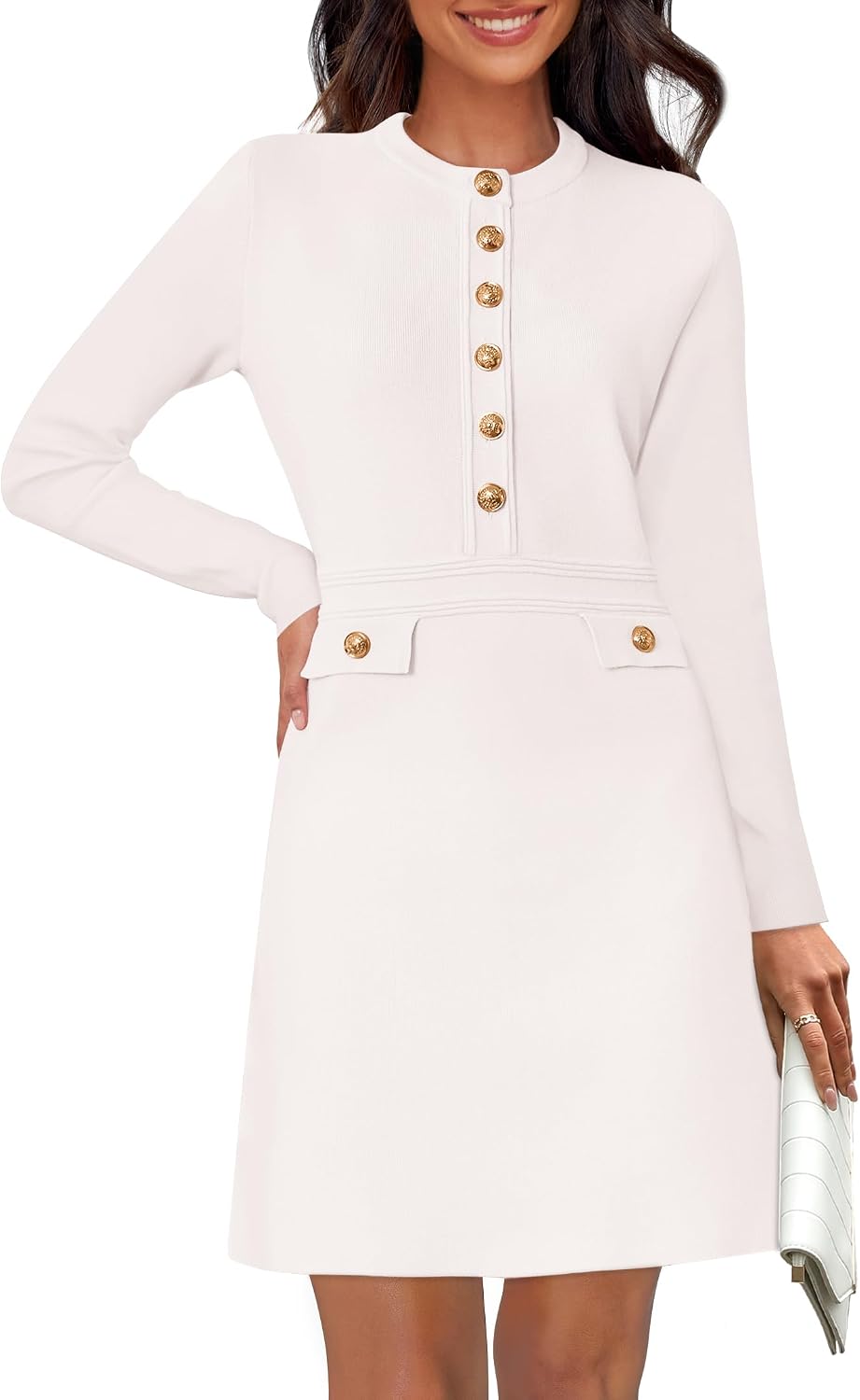 NENONA Women's 2026 Long Sleeve Fall Winter Sweater Dress Spring Fashion Button Elegant Business Casual Work Mini Dresses
