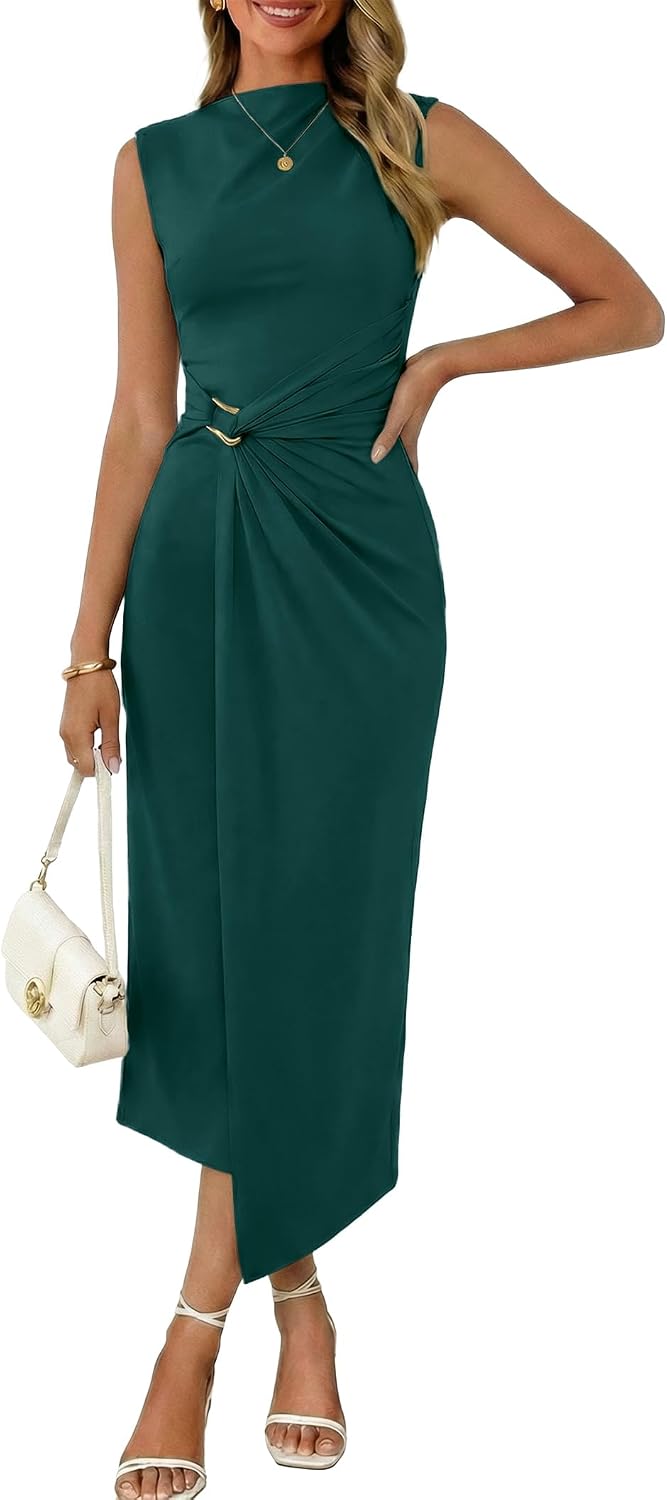 Valiamcep Womens Mock Neck Ribbed Knit Ruched Bodycon Midi Dresses | Elegant Semi Formal Wedding Guest Cocktail Party Date Night Homecoming Christmas Long Dress, Spring Summer Fall Outfits
