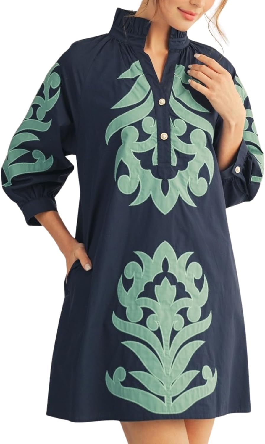 Lurenhua Womens Floral Embroidered Applique Mini Summer Dress 3\/4 Puff Sleeves Ruffled V Neck Loose Casual Shift Dress