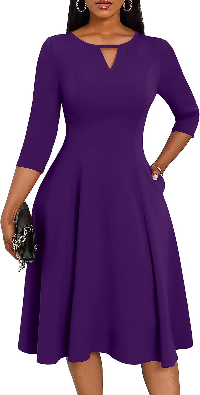Nmoder Women's Keyhole Midi Dress - 3\/4 Sleeve A-Line with Pockets | Keyhole neckline and A-line flatter figure,stretch fabric feels comfy and resists wrinkles,hidden pockets,back zipper
