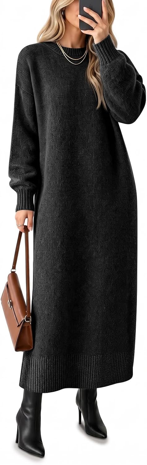 Saodimallsu Womens Long Sleeve Maxi Sweater Dress Crew Neck Knit Dresses | Ankle Length, Casual, Soft Knit, Pullover, Relaxed Fit, Warm Fall Winter Outfits