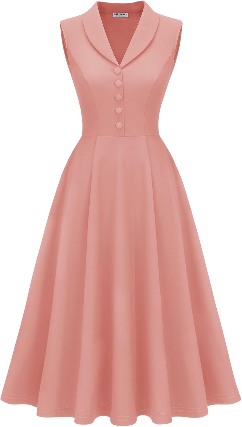BeryLove Vintage 1950s Midi Cocktail Dresses for Women Wedding Guest Classy | Sleeveless Button Down Dress with Pockets, Notch Lapel, A-Line, Retro 1940s Style, Business Casual Wear, Tea Party, Prom