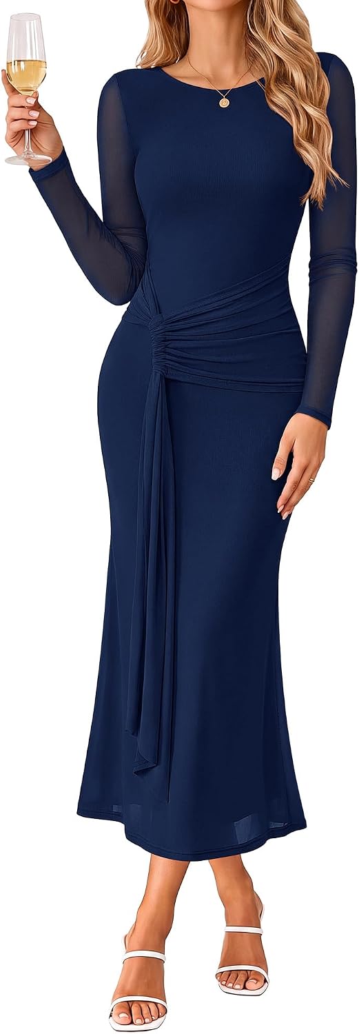 GRACE KARIN Women's Long Sleeve Bodycon Wedding Guest Dress | Cocktail Party,Formal,Maxi,Crew Neck,Mesh,Ruched