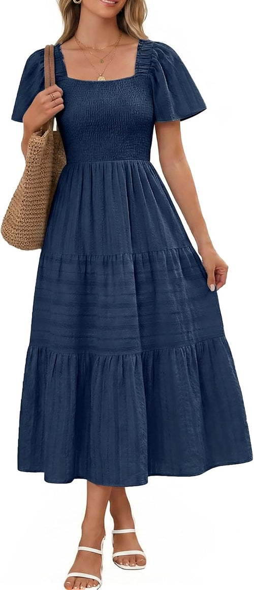 Bbonlinedress Women Summer Midi Casual Smocked Boho Dress with Pockets | Square Neck, Tea Length, Ruffle Short Sleeve, Cotton, Wedding Guest Church, Flowy Fit & Flare Dress