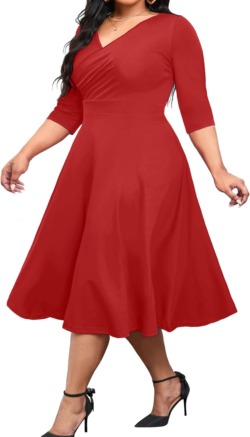 CLOCOR Plus Size Midi Dresses for Women A-Line V Neck Wrap Casual Dress | Curvy fit, shirred bodice, 3\/4 sleeve, hidden pockets, stretch empire waist, elegant style for cocktail party