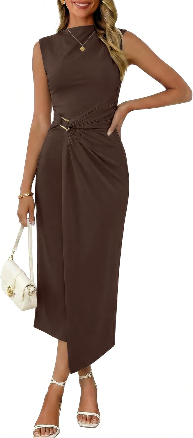 Valiamcep Womens Mock Neck Ribbed Knit Ruched Bodycon Midi Dresses | Elegant Semi Formal Wedding Guest Cocktail Party Date Night Homecoming Christmas Long Dress, Spring Summer Fall Outfits