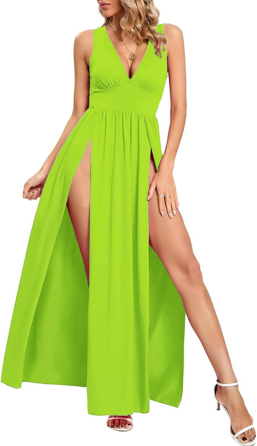 SILUI Women's Sexy 2026 Double High Slit Flowy Club Party Maxi Dresses | Deep V Neck, Thigh Split, Plus Size, Summer Fall, Western Outfits, Beach Vacation Sundresses, Curvy Women, Going Out Outfits