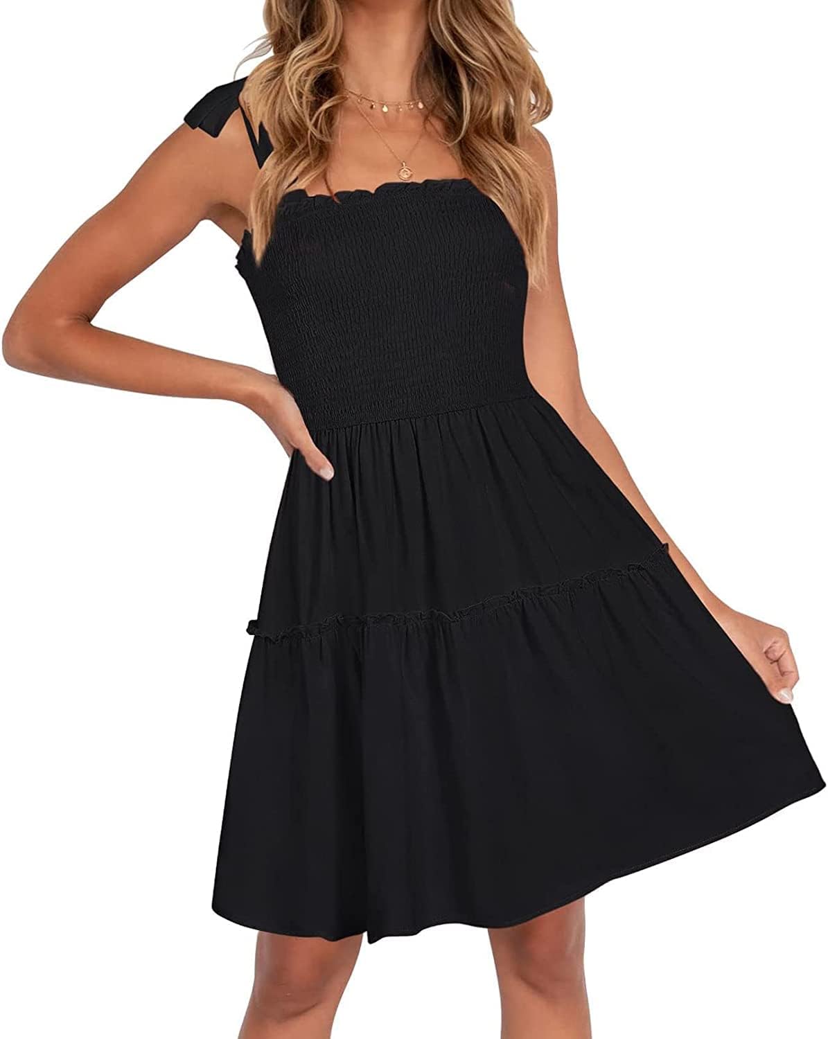 ZESICA Womens Summer Spaghetti Strap Sleeveless Mini Dress | Square Neck, Ruffle Hem, A-Line, Flowy Swing Dress, Sun Dress, Wedding Guest Short Dress