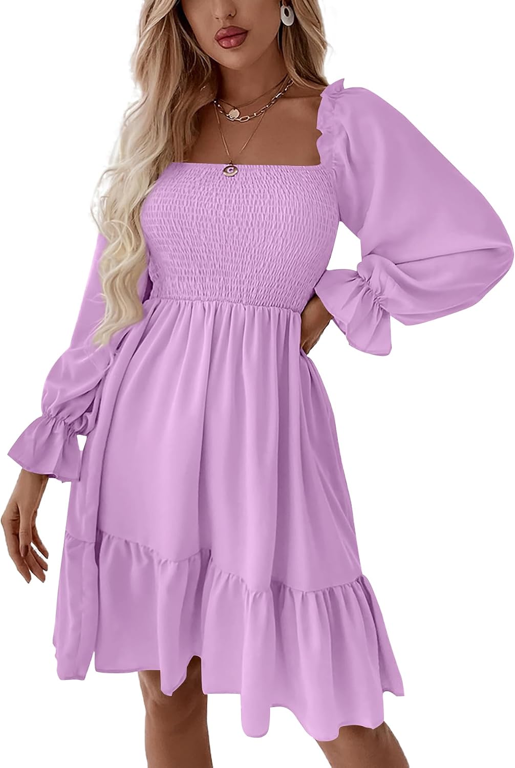 LYANER Women's Shirred Party Mini Dress | Square Neck Lantern Long Sleeve Ruffle A Line Flowy Casual Short Dresses