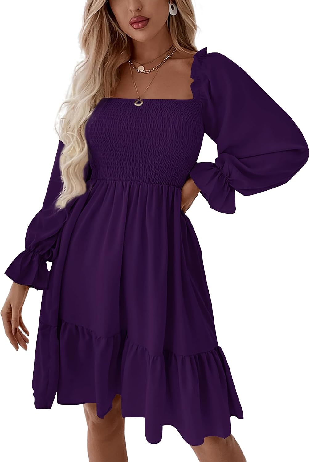LYANER Women's Shirred Party Mini Dress | Square Neck Lantern Long Sleeve Ruffle A Line Flowy Casual Short Dresses