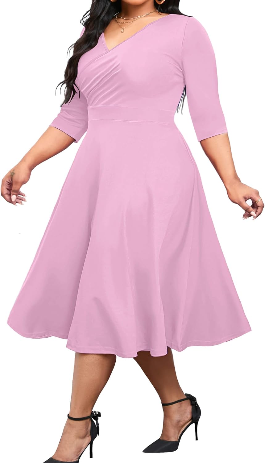 CLOCOR Plus Size Midi Dresses for Women A-Line V Neck Wrap Casual Dress | Curvy fit, shirred bodice, 3\/4 sleeve, hidden pockets, stretch empire waist, elegant style for cocktail party