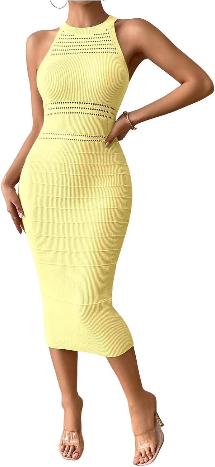 GORGLITTER Women's Sleeveless Sweater Dress Knit Fall Wedding Guest Dresses | Crochet Halter Midi Dresses, Party Cocktail Prom Going Out Outfits, Dressy Casual Clothes