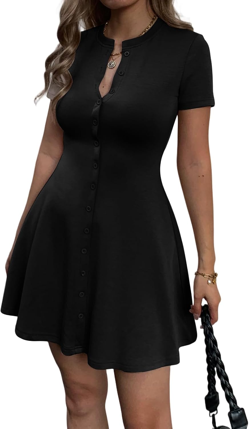 Mieazom Women's Summer Button Down A Line Flare Crewneck Mini Dress | Button Up,Short Sleeve,Button V Neck,Preppy,Cute Shirt Shift Skater Short Dress,Semi Formal Work