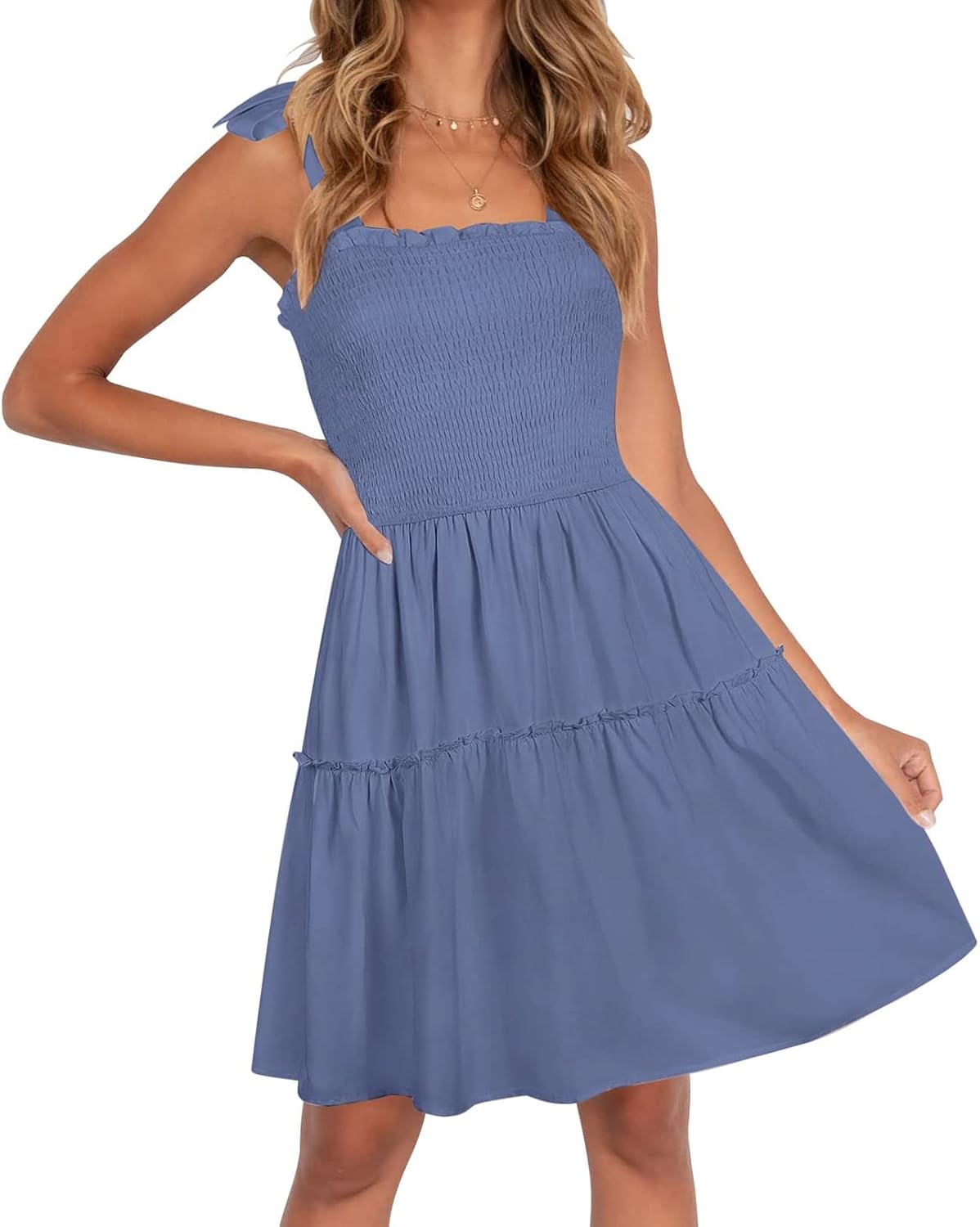 ZESICA Womens Summer Spaghetti Strap Sleeveless Mini Dress | Square Neck, Ruffle Hem, A-Line, Flowy Swing Dress, Sun Dress, Wedding Guest Short Dress