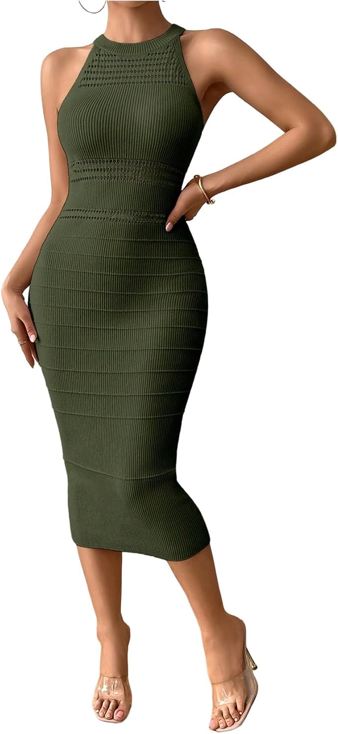 GORGLITTER Women's Sleeveless Sweater Dress Knit Fall Wedding Guest Dresses | Crochet Halter Midi Dresses, Party Cocktail Prom Going Out Outfits, Dressy Casual Clothes