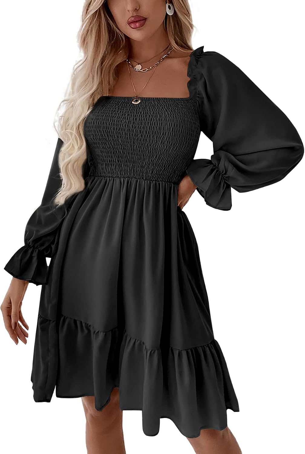 LYANER Women's Shirred Party Mini Dress | Square Neck Lantern Long Sleeve Ruffle A Line Flowy Casual Short Dresses