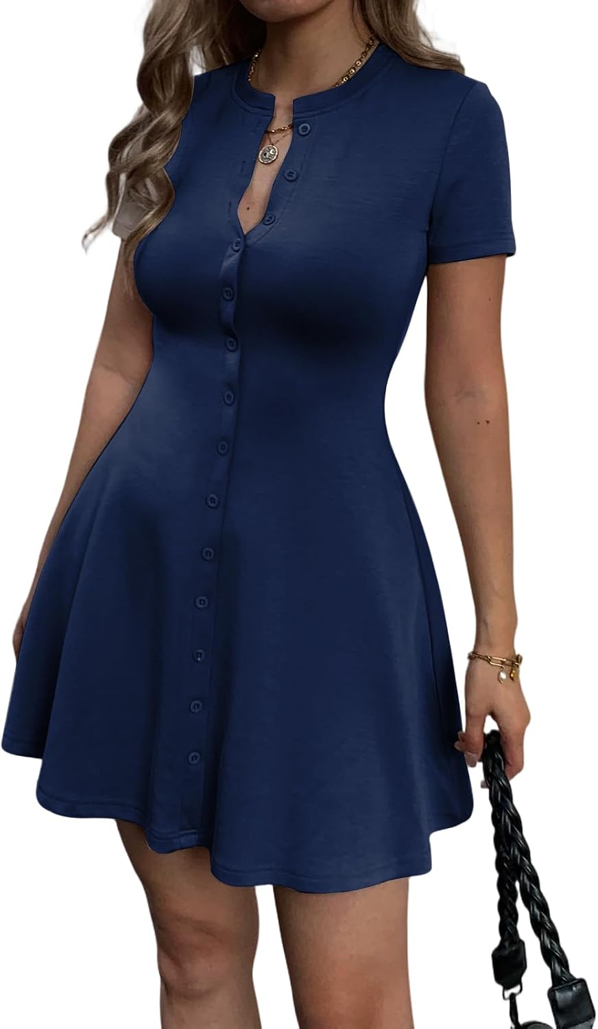 Mieazom Women's Summer Button Down A Line Flare Crewneck Mini Dress | Button Up,Short Sleeve,Button V Neck,Preppy,Cute Shirt Shift Skater Short Dress,Semi Formal Work