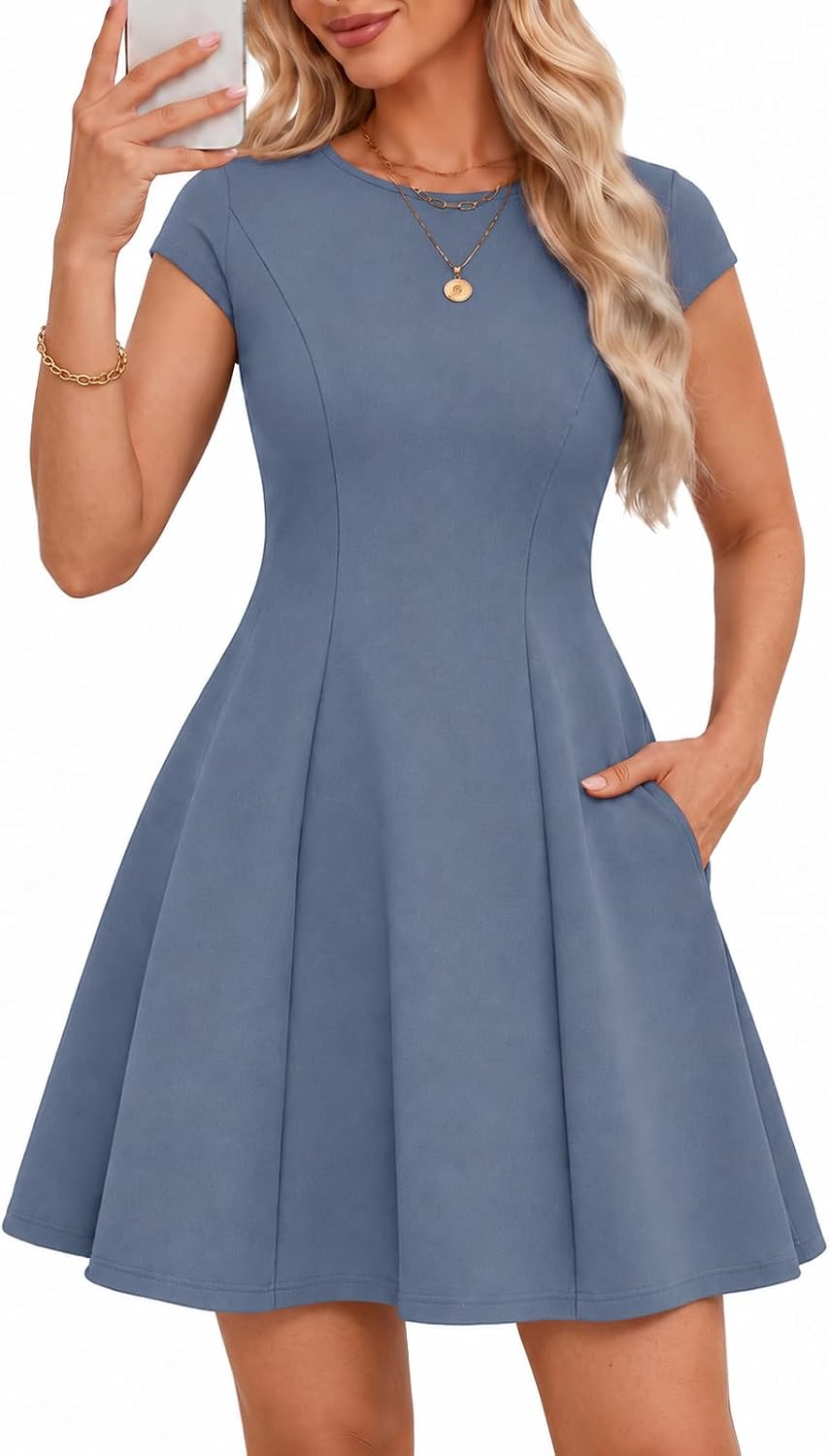Meetjen Women\u2019s Short Formal A Line Elegant Homecoming Cocktail Dress | Cap Sleeve, Round Neck, Summer Wedding Guest Dress, Graduation, Business Casual Work, Mini Prom Party Dresses with Pockets