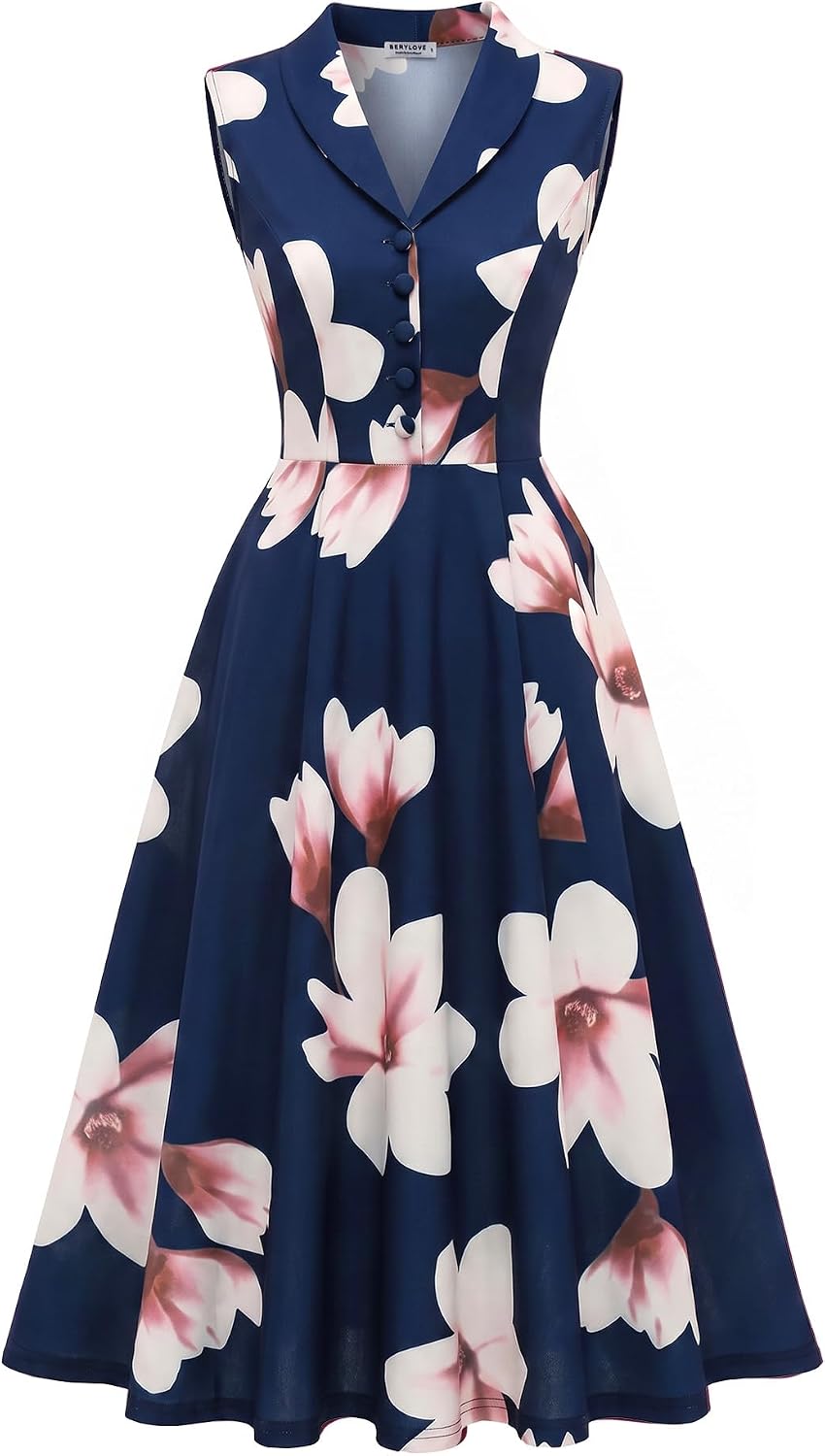 BeryLove Vintage 1950s Midi Cocktail Dresses for Women Wedding Guest Classy | Sleeveless Button Down Dress with Pockets, Notch Lapel, A-Line, Retro 1940s Style, Business Casual Wear, Tea Party, Prom