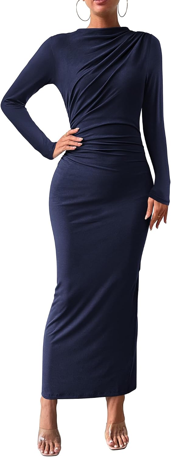BTFBM Maxi Long Sleeve Dresses for Women Wedding Guest | Mock Neck,Back Slit,Lightweight,Ruched Bodycon Dress For Formal,Cocktail,Homecoming,Party,Date Night Outfits,Fall 2026