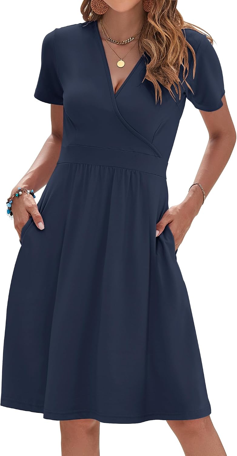 AUSELILY Womens Summer Dresses 2026 Short Sleeve V Neck Faux Wrap Dress | Surplice front, Pockets set into the skirt, Vacation dress for sightseeing, Style low heels with simple jewelry
