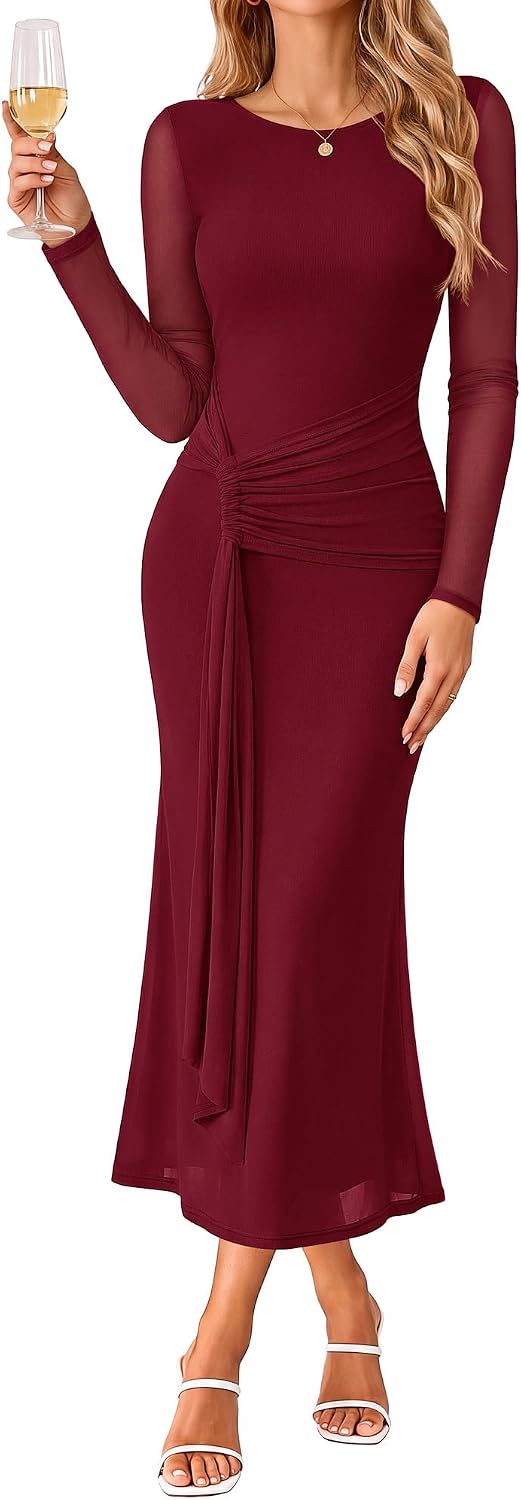 GRACE KARIN Women's Long Sleeve Bodycon Wedding Guest Dress | Cocktail Party,Formal,Maxi,Crew Neck,Mesh,Ruched